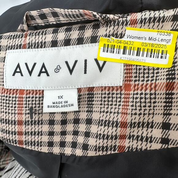 Ava & Viv Mid Length Puffer Jacket SZ 1X Tan Black Orange Hooded Snap Full Zip - Picture 14 of 14